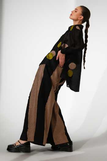Shop_Stoique_Black Silk, Chanderi Collared Neck Halo Applique Shirt _Online_at_Aza_Fashions