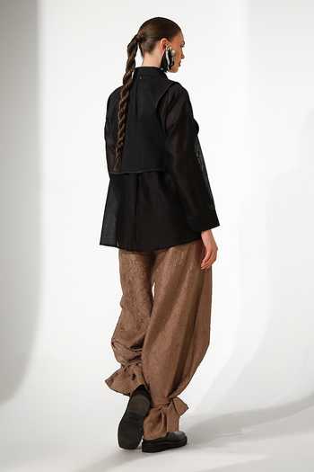 Shop_Stoique_Black Silk, Chanderi Collared Neck Pebble Applique Work Gilet And Shirt Set _at_Aza_Fashions