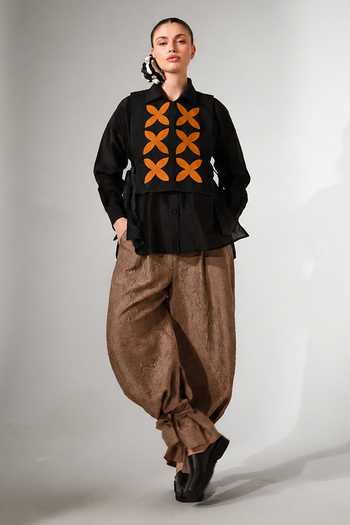 Stoique_Black Silk, Chanderi Collared Neck Pebble Applique Work Gilet And Shirt Set _Online_at_Aza_Fashions