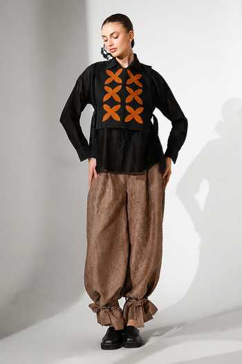 Shop_Stoique_Black Silk, Chanderi Collared Neck Pebble Applique Work Gilet And Shirt Set _Online_at_Aza_Fashions