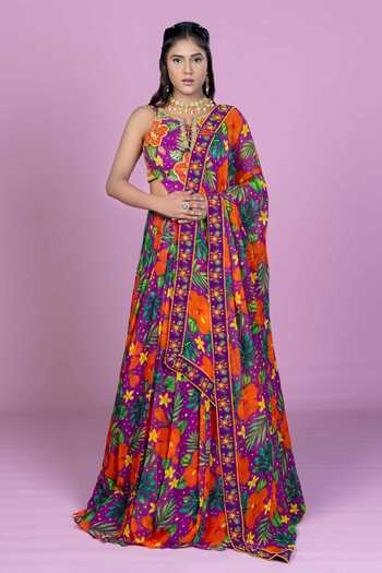Buy_Damoiselle_Purple Georgette, Shantoon V-neck Tropical Print Lehenga Set _at_Aza_Fashions