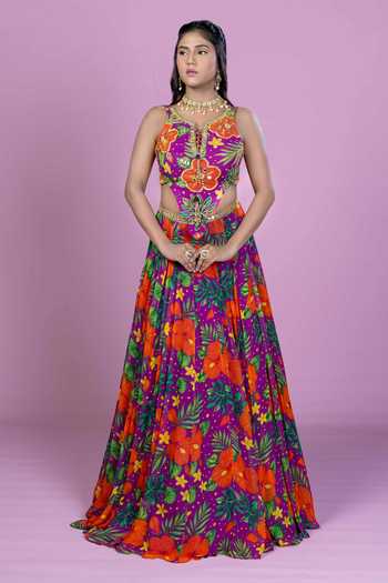 Buy_Damoiselle_Purple Georgette, Shantoon V-neck Tropical Print Lehenga Set _Online