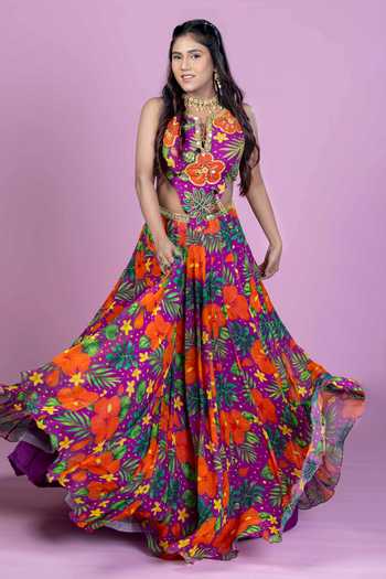 Shop_Damoiselle_Purple Georgette, Shantoon V-neck Tropical Print Lehenga Set _Online