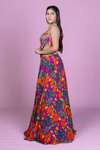 Damoiselle_Purple Georgette, Shantoon V-neck Tropical Print Lehenga Set 