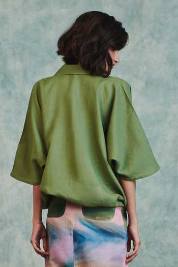 Shop_Saphed_Green Linen Open Neck Moss Applique Breeze Shirt _at_Aza_Fashions