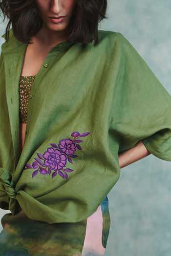 Buy_Saphed_Green Linen Open Neck Moss Applique Breeze Shirt 