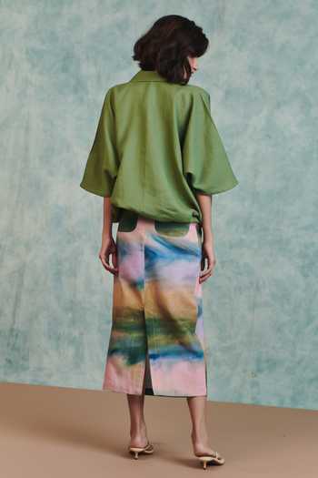 Shop_Saphed_Multi Color Cotton, Linen Prism Midi Skirt _at_Aza_Fashions