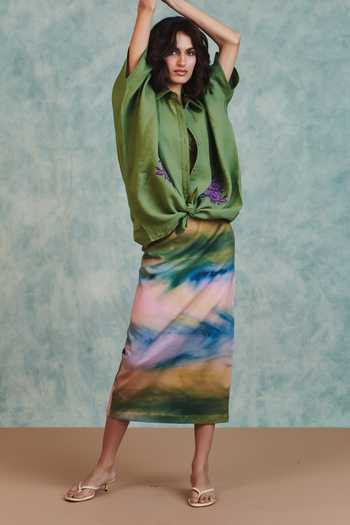Buy_Saphed_Multi Color Cotton, Linen Prism Midi Skirt _at_Aza_Fashions