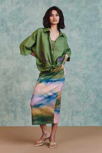Saphed_Multi Color Cotton, Linen Prism Midi Skirt _at_Aza_Fashions