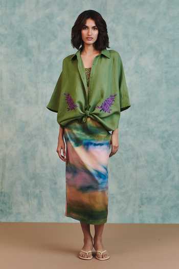 Buy_Saphed_Multi Color Cotton, Linen Prism Midi Skirt 