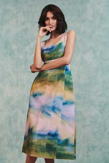 Saphed_Multi Color Cotton, Linen Scoop Neck Prism Panelled Dress _Online_at_Aza_Fashions