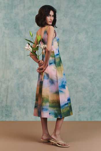 Shop_Saphed_Multi Color Cotton, Linen Scoop Neck Prism Panelled Dress _at_Aza_Fashions