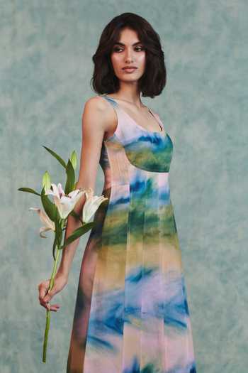 Shop_Saphed_Multi Color Cotton, Linen Scoop Neck Prism Panelled Dress _Online_at_Aza_Fashions