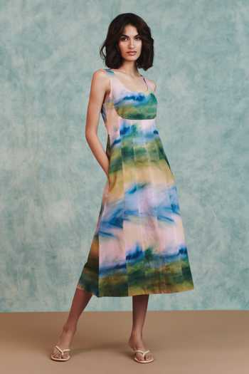 Saphed_Multi Color Cotton, Linen Scoop Neck Prism Panelled Dress _at_Aza_Fashions