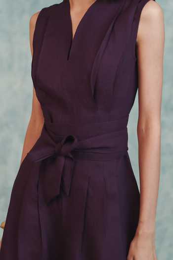Saphed_Purple Linen V-neck Plum Sculpted Jumpsuit _Online_at_Aza_Fashions