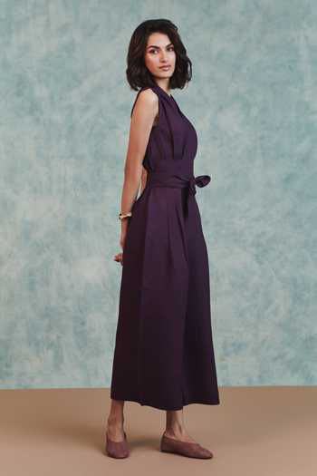 Buy_Saphed_Purple Linen V-neck Plum Sculpted Jumpsuit _Online_at_Aza_Fashions