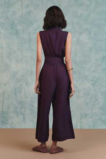 Shop_Saphed_Purple Linen V-neck Plum Sculpted Jumpsuit _at_Aza_Fashions
