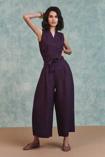 Buy_Saphed_Purple Linen V-neck Plum Sculpted Jumpsuit _at_Aza_Fashions