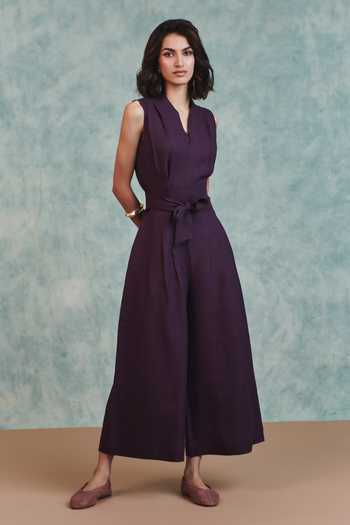 Saphed_Purple Linen V-neck Plum Sculpted Jumpsuit _at_Aza_Fashions