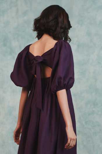 Saphed_Purple Linen Sweetheart Neck Plum Front Twist Dress _Online_at_Aza_Fashions