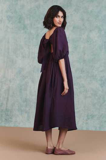 Shop_Saphed_Purple Linen Sweetheart Neck Plum Front Twist Dress _at_Aza_Fashions