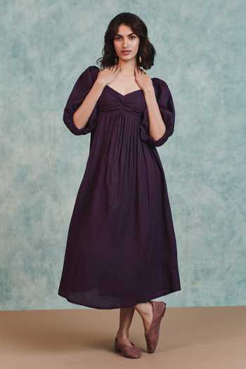 Buy_Saphed_Purple Linen Sweetheart Neck Plum Front Twist Dress _at_Aza_Fashions