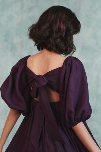 Buy_Saphed_Purple Linen Sweetheart Neck Plum Front Twist Dress _Online_at_Aza_Fashions