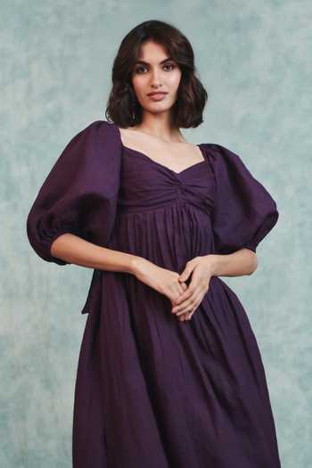Shop_Saphed_Purple Linen Sweetheart Neck Plum Front Twist Dress _Online_at_Aza_Fashions