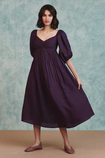 Saphed_Purple Linen Sweetheart Neck Plum Front Twist Dress _at_Aza_Fashions
