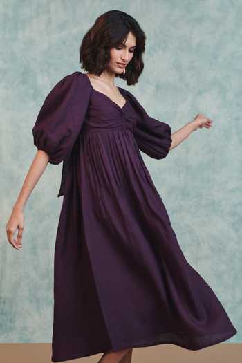 Shop_Saphed_Purple Linen Sweetheart Neck Plum Front Twist Dress 