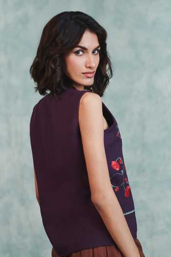Buy_Saphed_Purple Linen Mandarin Collar Plum Double Panel Waistcoat _Online_at_Aza_Fashions