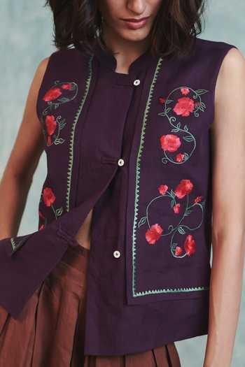 Buy_Saphed_Purple Linen Mandarin Collar Plum Double Panel Waistcoat _Online