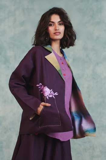 Saphed_Purple Linen Open Neck Embroidered Jacket _Online_at_Aza_Fashions