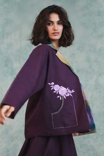 Buy_Saphed_Purple Linen Open Neck Embroidered Jacket _Online_at_Aza_Fashions