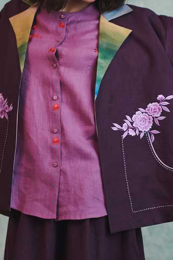 Saphed_Purple Linen Open Neck Embroidered Jacket _at_Aza_Fashions
