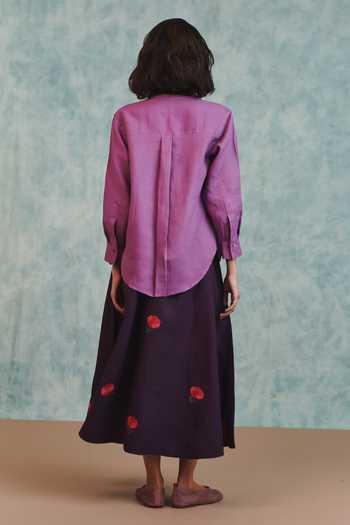 Shop_Saphed_Purple Linen Embroidery Plum Flared Skirt _at_Aza_Fashions