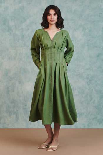 Saphed_Green Linen Split V-neck Moss Pleated Waist Dress _Online_at_Aza_Fashions