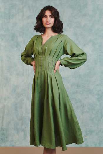 Saphed_Green Linen Split V-neck Moss Pleated Waist Dress _at_Aza_Fashions