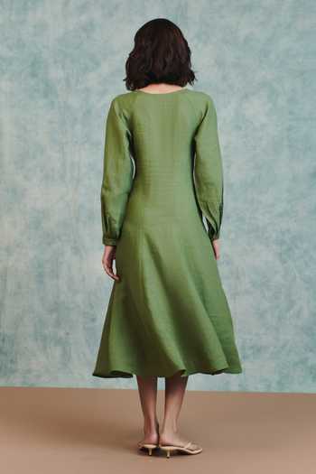 Shop_Saphed_Green Linen Split V-neck Moss Pleated Waist Dress _at_Aza_Fashions