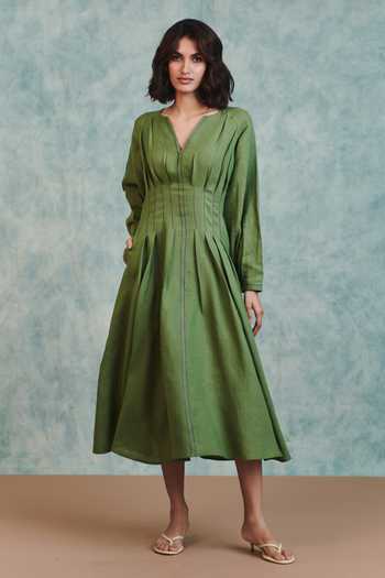 Buy_Saphed_Green Linen Split V-neck Moss Pleated Waist Dress _at_Aza_Fashions
