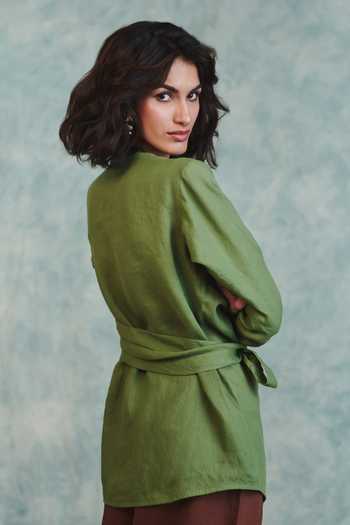 Shop_Saphed_Green Linen V-neck Moss Wrap Top 