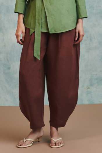 Saphed_Brown Linen Chocolate Billow Pant _Online_at_Aza_Fashions