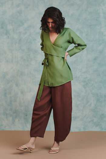 Saphed_Brown Linen Chocolate Billow Pant _at_Aza_Fashions