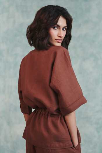 Shop_Saphed_Brown Linen V-neck Chocolate Drawstring Shirt And Pant Set _Online_at_Aza_Fashions