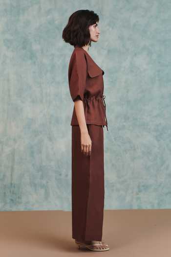 Buy_Saphed_Chocolate Linen Pleated Tuck Pant _Online_at_Aza_Fashions