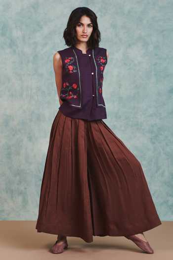 Shop_Saphed_Brown Linen Chocolate Multi Pleated Pant _Online_at_Aza_Fashions