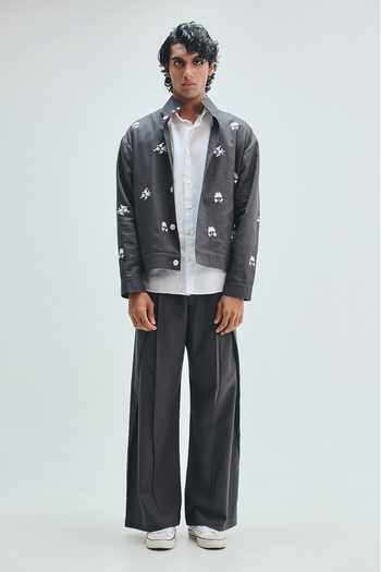 Shop_Saphed_Grey Cotton, Linen Pebble Embroidered Stand Collar Jacket _Online_at_Aza_Fashions