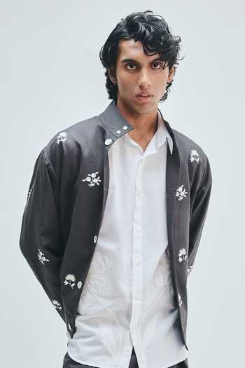 Saphed_Grey Cotton, Linen Pebble Embroidered Stand Collar Jacket _at_Aza_Fashions