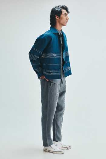 Saphed_Blue Linen Indigo Kantha Jacket _Online_at_Aza_Fashions