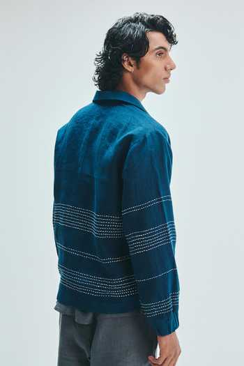 Shop_Saphed_Blue Linen Indigo Kantha Jacket _at_Aza_Fashions